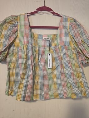 day + moon Pastel Check Puff Sleeve Blouse - Multi Pastels